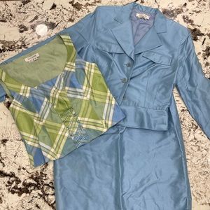 Kate Unger three piece suit blue green plaid skirt